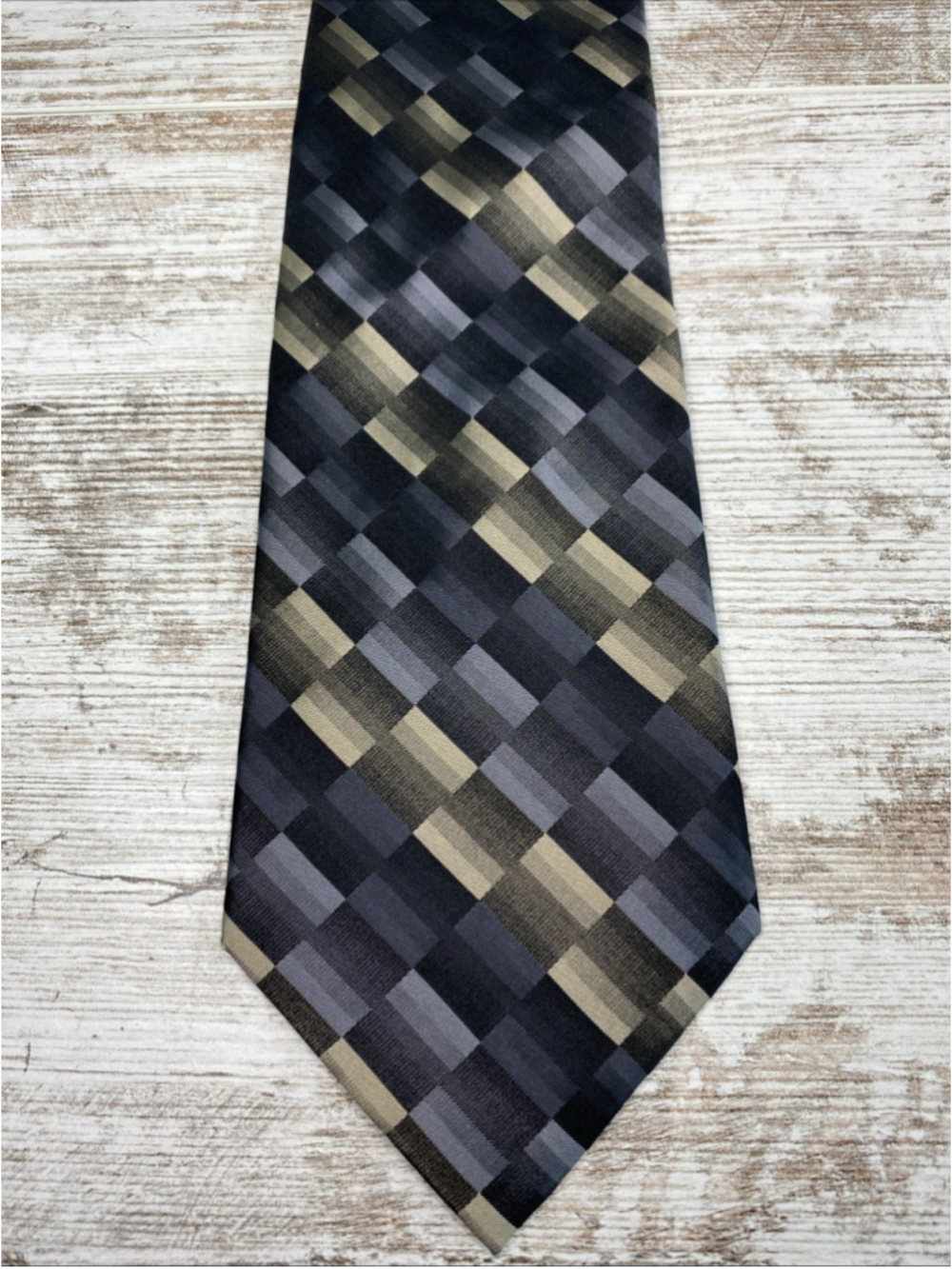 Platinum Designs Silk Tie Gray Black Geometric Check Pattern 59x3.9 Mens Necktie